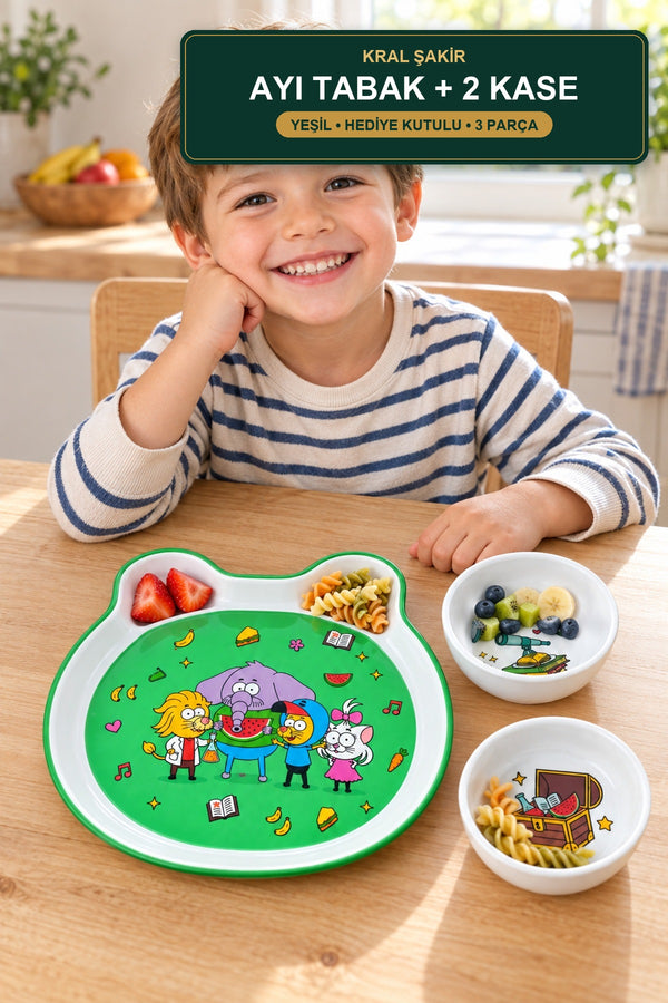 Kral Şakir Bear Plate and 2 Bowl Set Green Melamine Children's Meal Set Gift Box BPA Free Standart