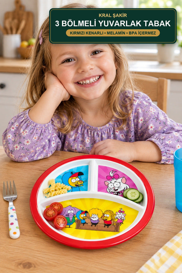 Kral Şakir 3-Compartment Round Kids Plate Red-Rimmed Melamine Dining Plate BPA-Free Standart
