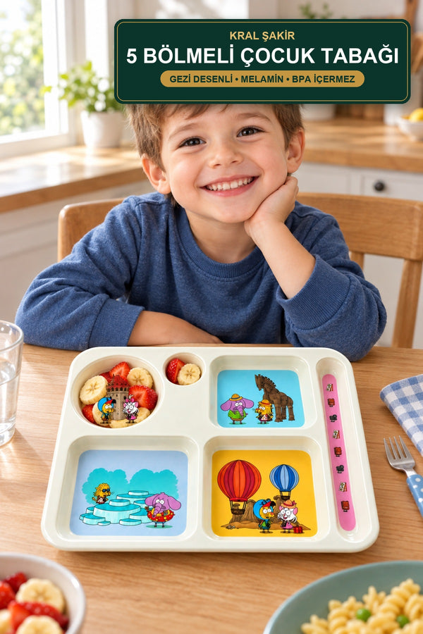 King Shakir 5-Compartment Children's Plate Melamine - Licensed Character Design with Spoon Slot Gezi Desenli