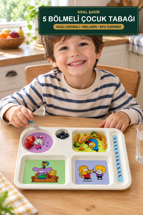 King Shakir 5-Compartment Children's Plate Melamine - Licensed Character Design with Spoon Slot Nazlı Desenli
