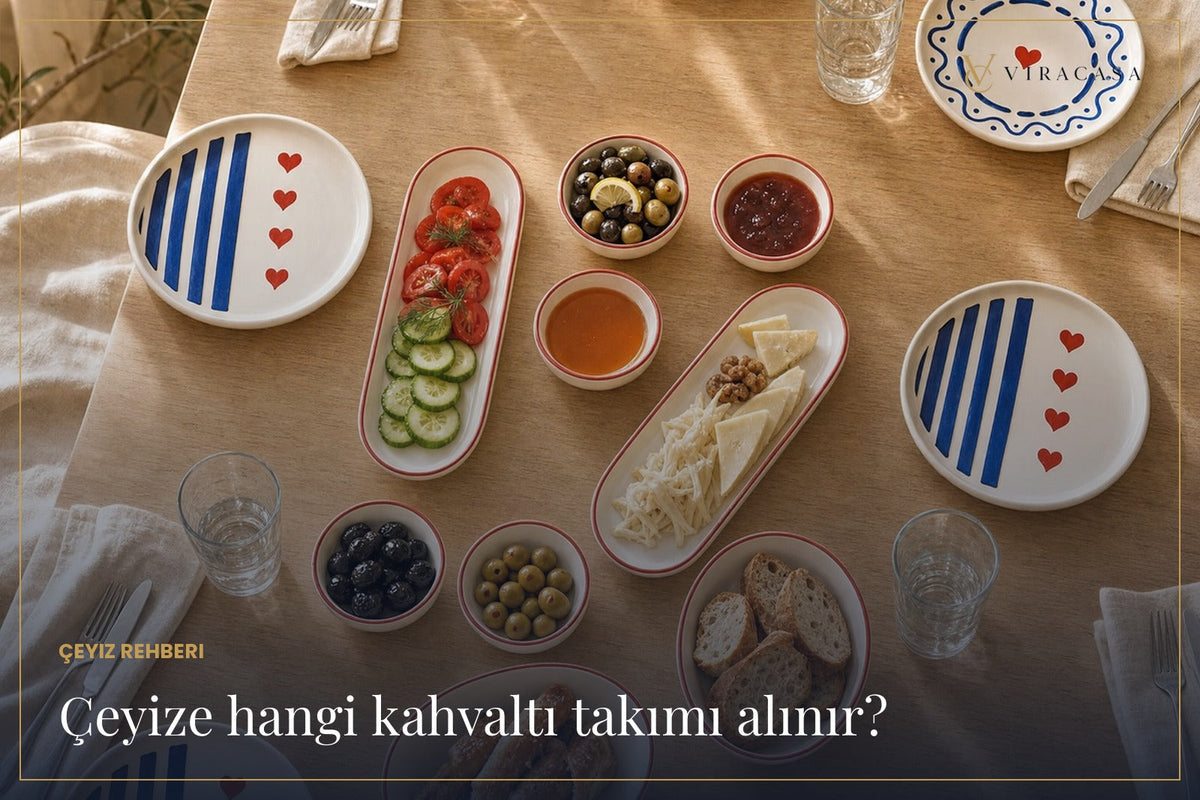 Çeyizlik 14 parça seramik kahvaltı takımı kurulu sofrada