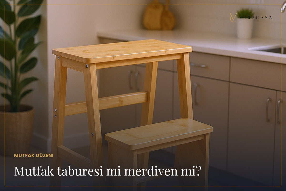 Bambu basamaklı mutfak taburesi merdiven mutfakta
