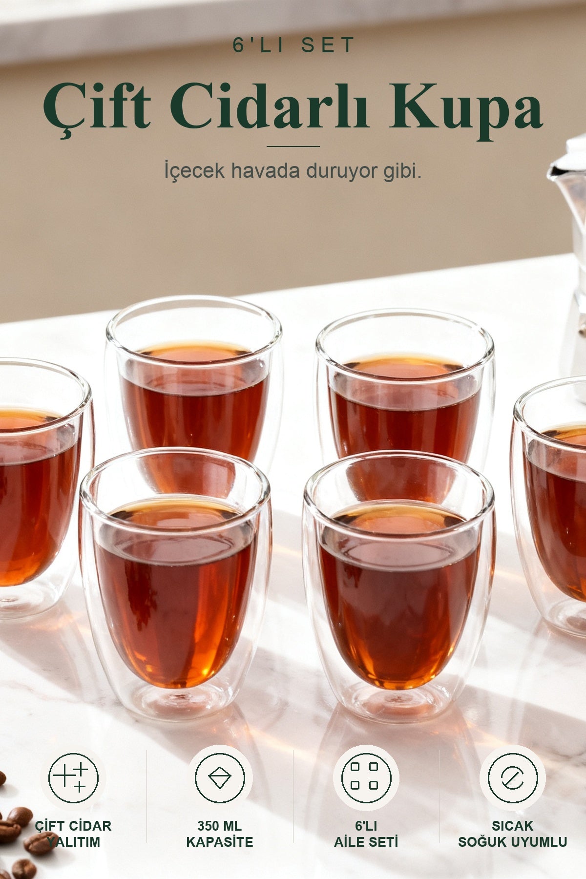 6'lı Çift Cidarlı Cam Kupa 350 ml Isı Yalıtımlı Kahve – ürün görseli
