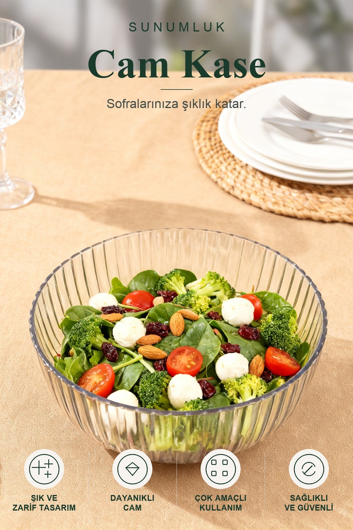3,5 Litre Cam Salata Kasesi Yivli Desenli Sunumluk – ürün görseli
