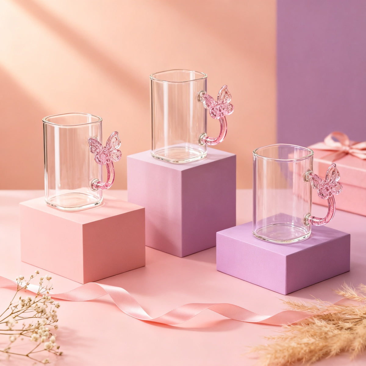 3'lü Kelebek Kulplu Cam Kupa Seti 6x10 cm Pembe – mutfak kullanımı