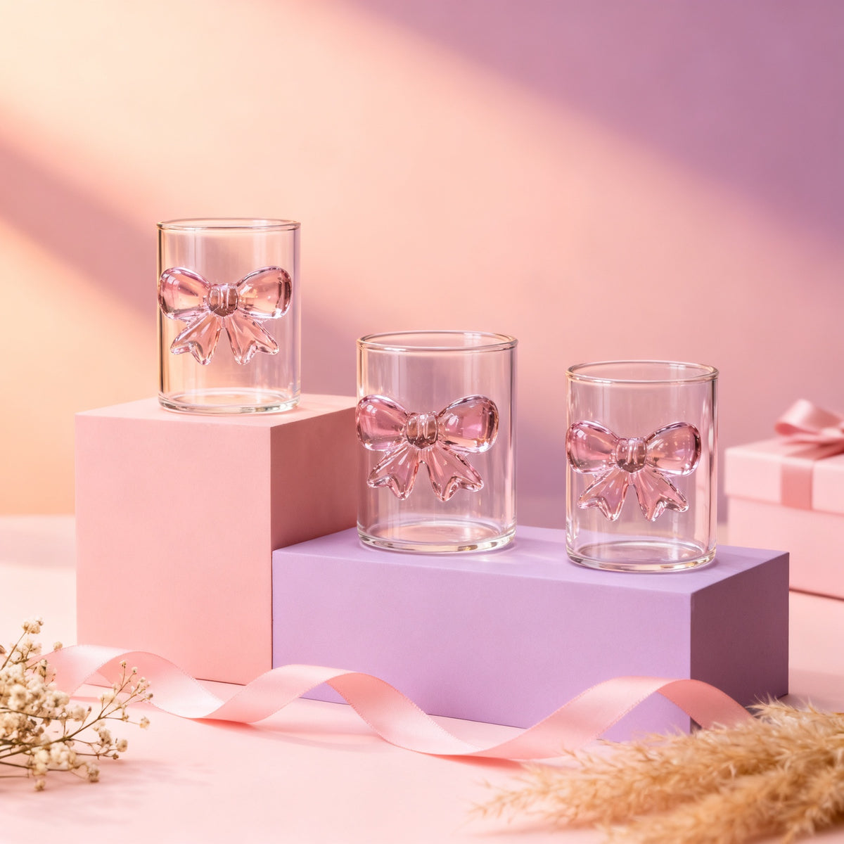 3'lü Fiyonklu Cam Bardak Seti 7x9 cm Pembe Cam Fiyonk – detay görünüm