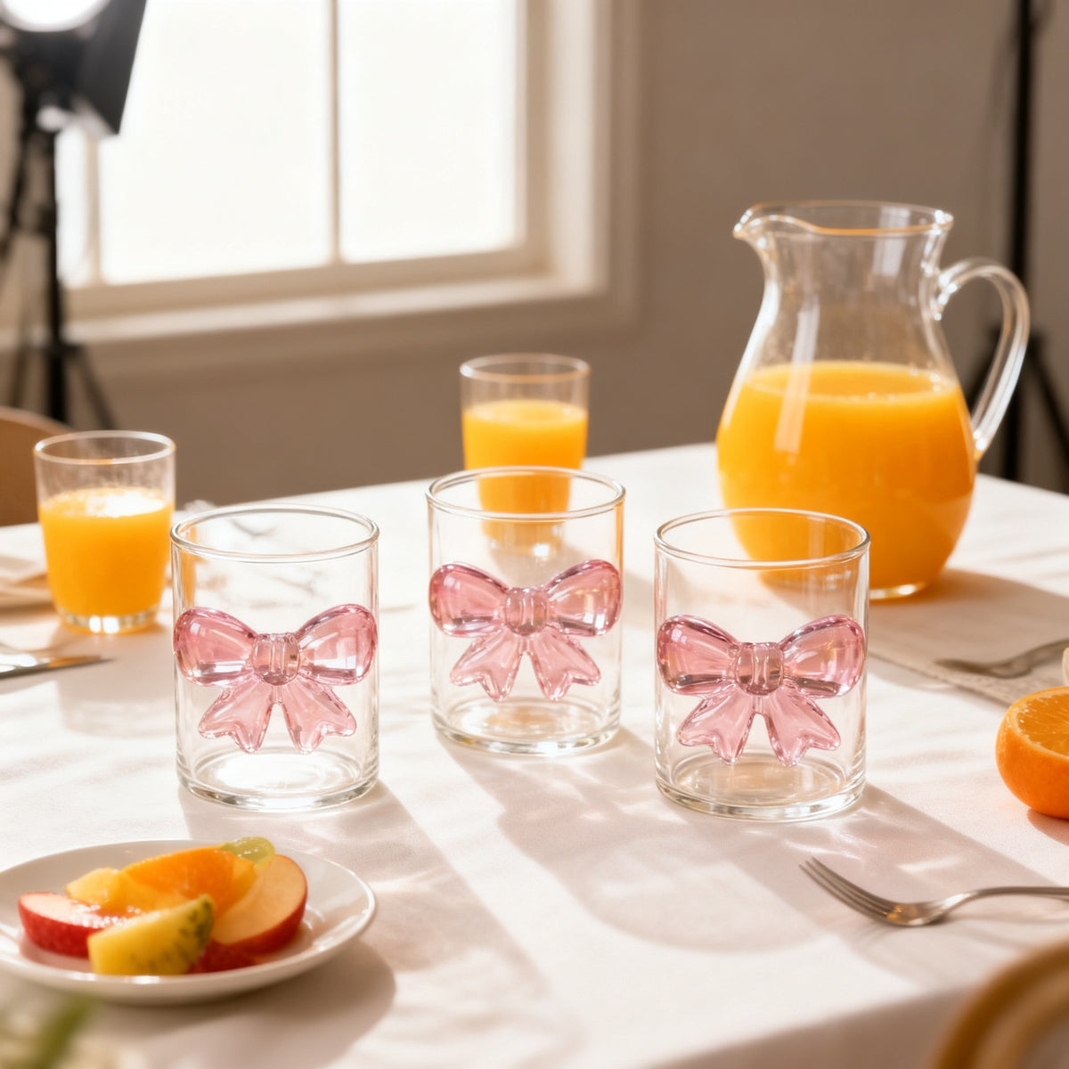 3'lü Fiyonklu Cam Bardak Seti 7x9 cm Pembe Cam Fiyonk – yakın çekim