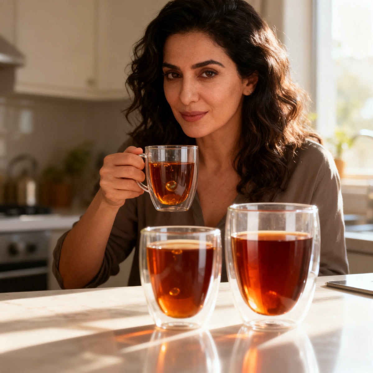 6'lı Çift Cidarlı Cam Kupa 350 ml Isı Yalıtımlı Kahve – yakın çekim