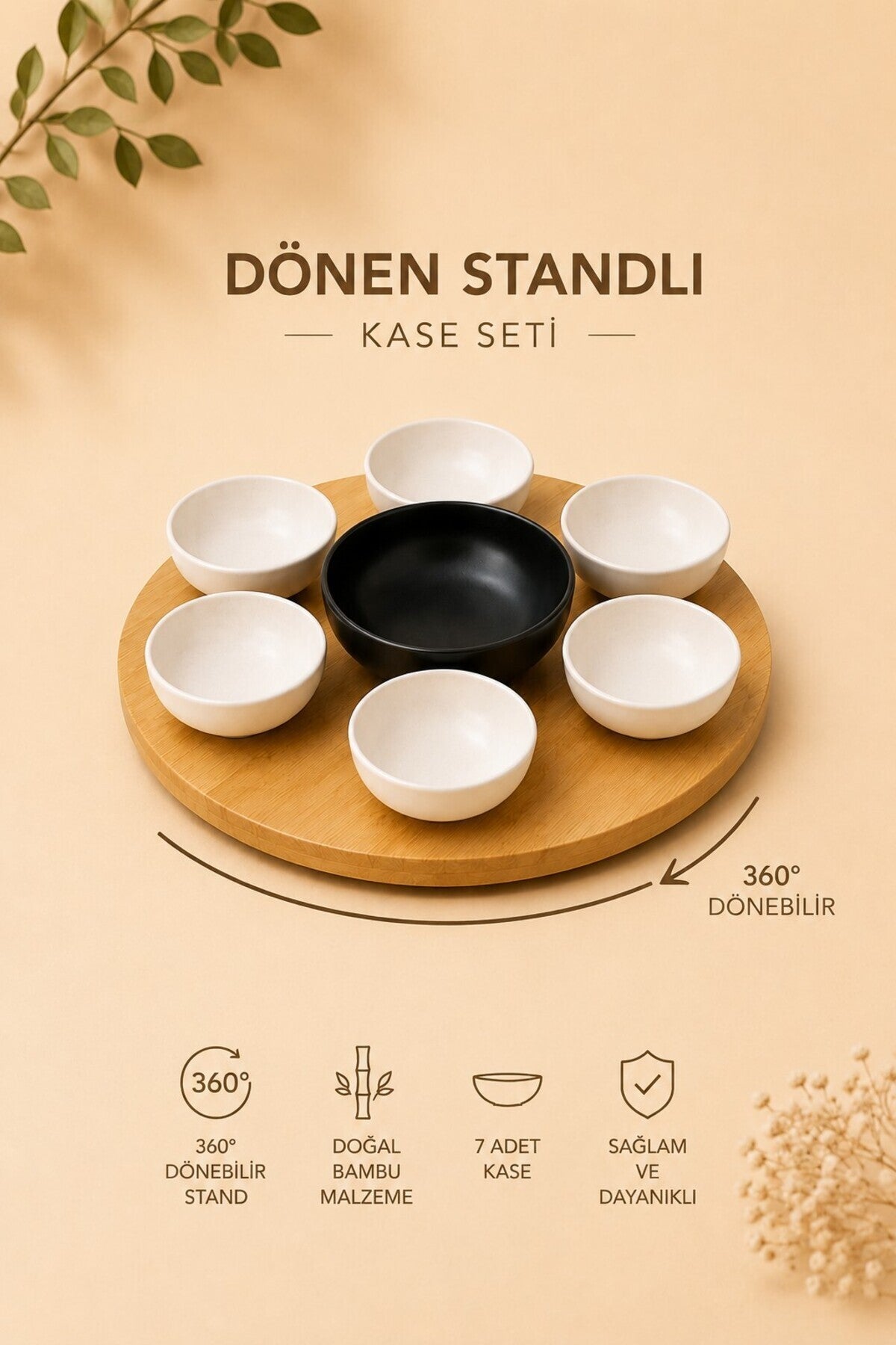 Bambu Dönen Standlı 7'li Sosluk Seti desen ve malzeme detayı