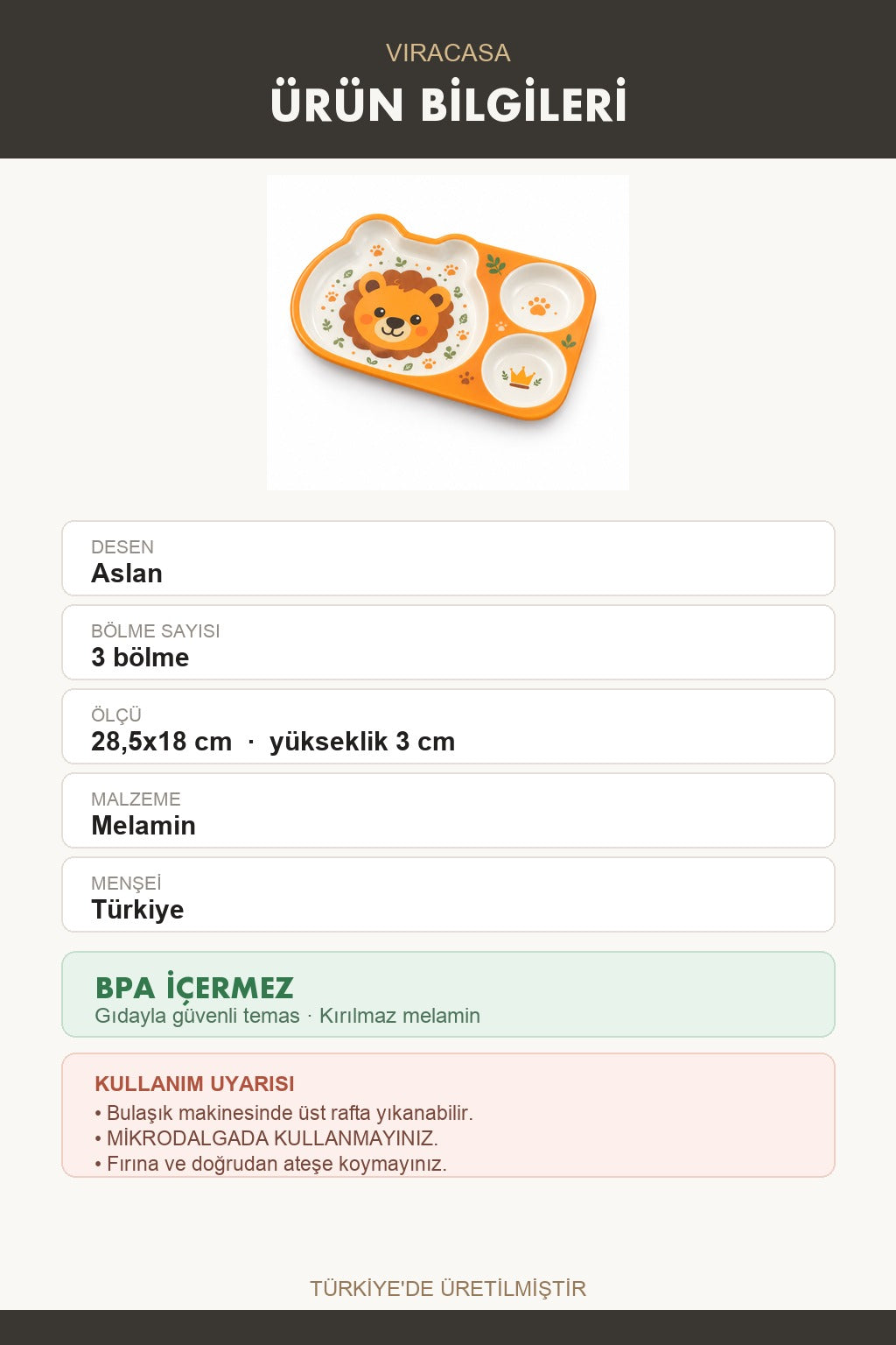 ViraCasa Hayvan Figürlü 3 Bölmeli Çocuk Tabağı Melamin – yakın çekim