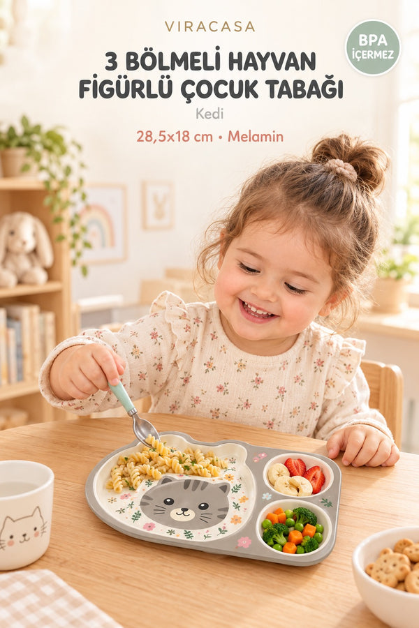 ViraCasa Animal Shaped 3-Compartment Kids Plate Melamine Feeding Dish BPA-Free Kedi