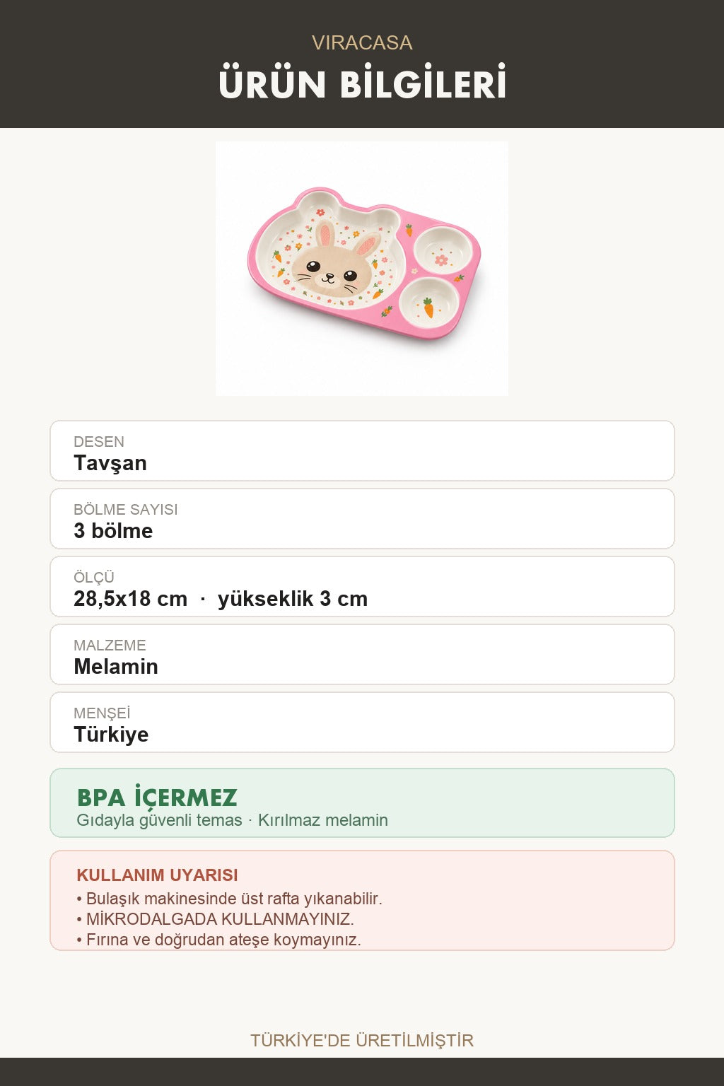 ViraCasa Hayvan Figürlü 3 Bölmeli Çocuk Tabağı Melamin – yakın çekim