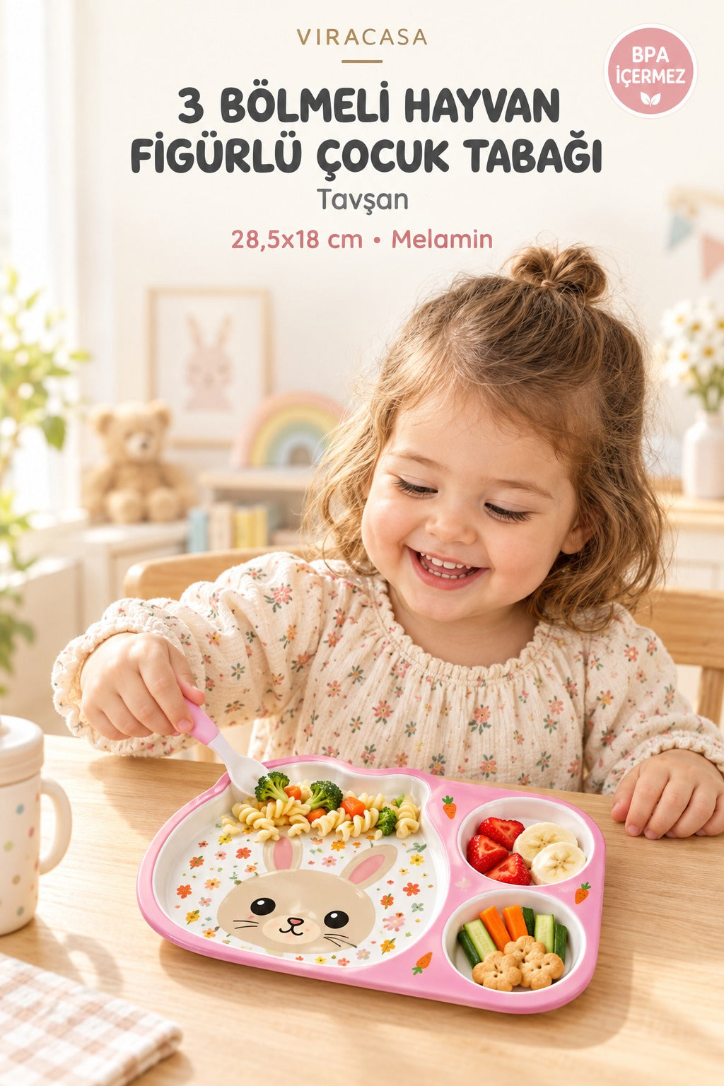 ViraCasa Hayvan Figürlü 3 Bölmeli Çocuk Tabağı Melamin – yakın çekim