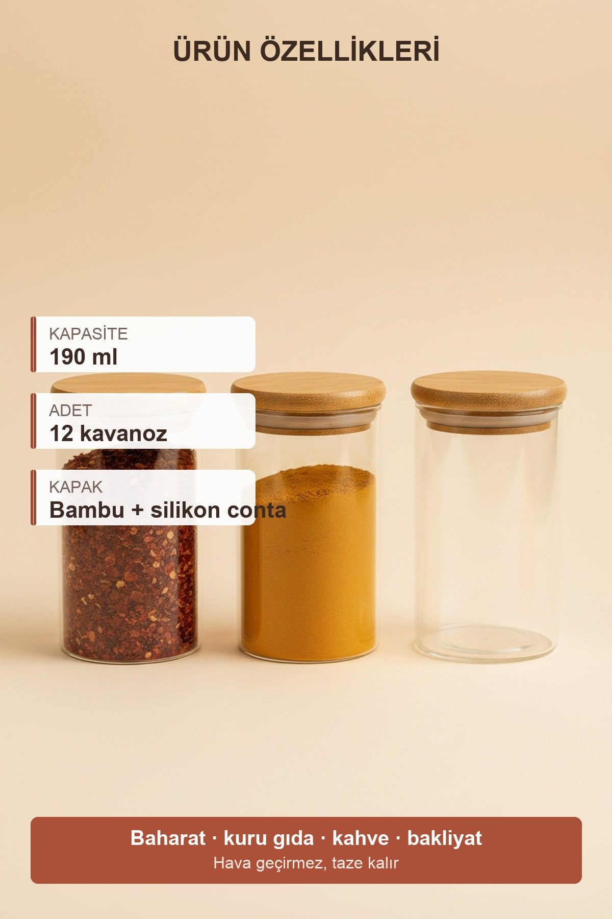 12'li Bambu Kapaklı Cam Baharatlık Seti 190 ml Kavanoz – mutfak kullanımı