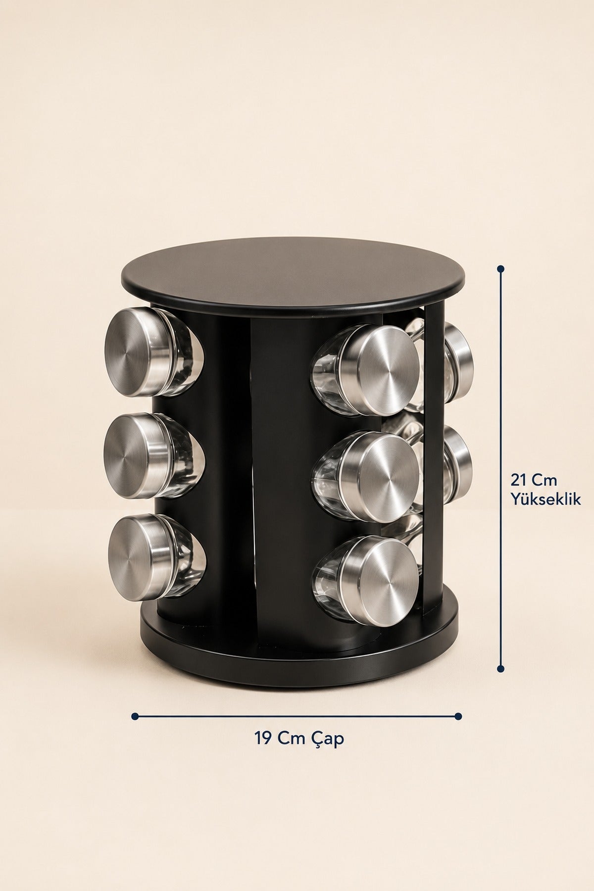 Metal Dönen Standlı 12'li Cam Baharatlık Seti 21 cm Baharat Takımı Mutfak Saklama Kavanozu