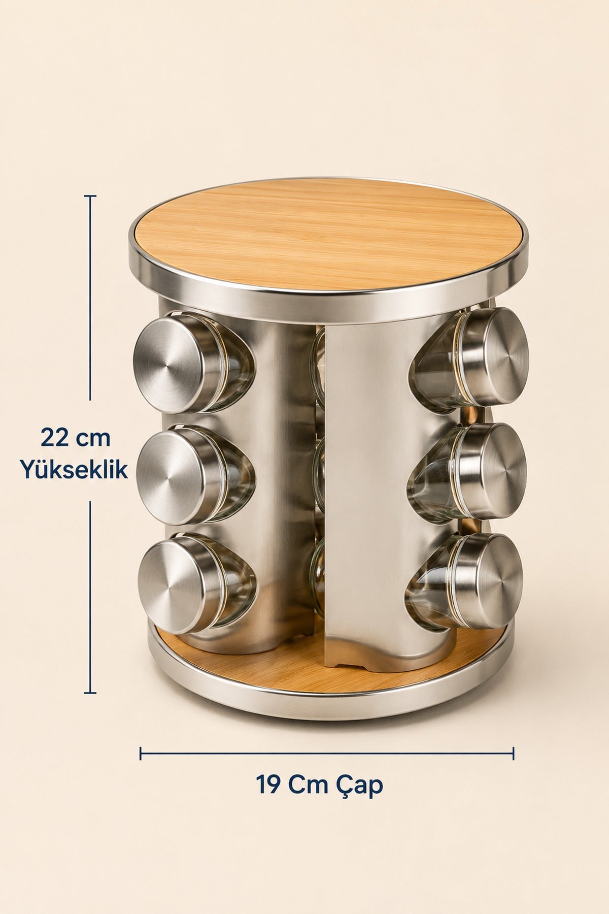 Metal Dönen Standlı 12'li Cam Baharatlık Seti 22 cm Bambu ve Mermer Tablalı Baharat Takımı