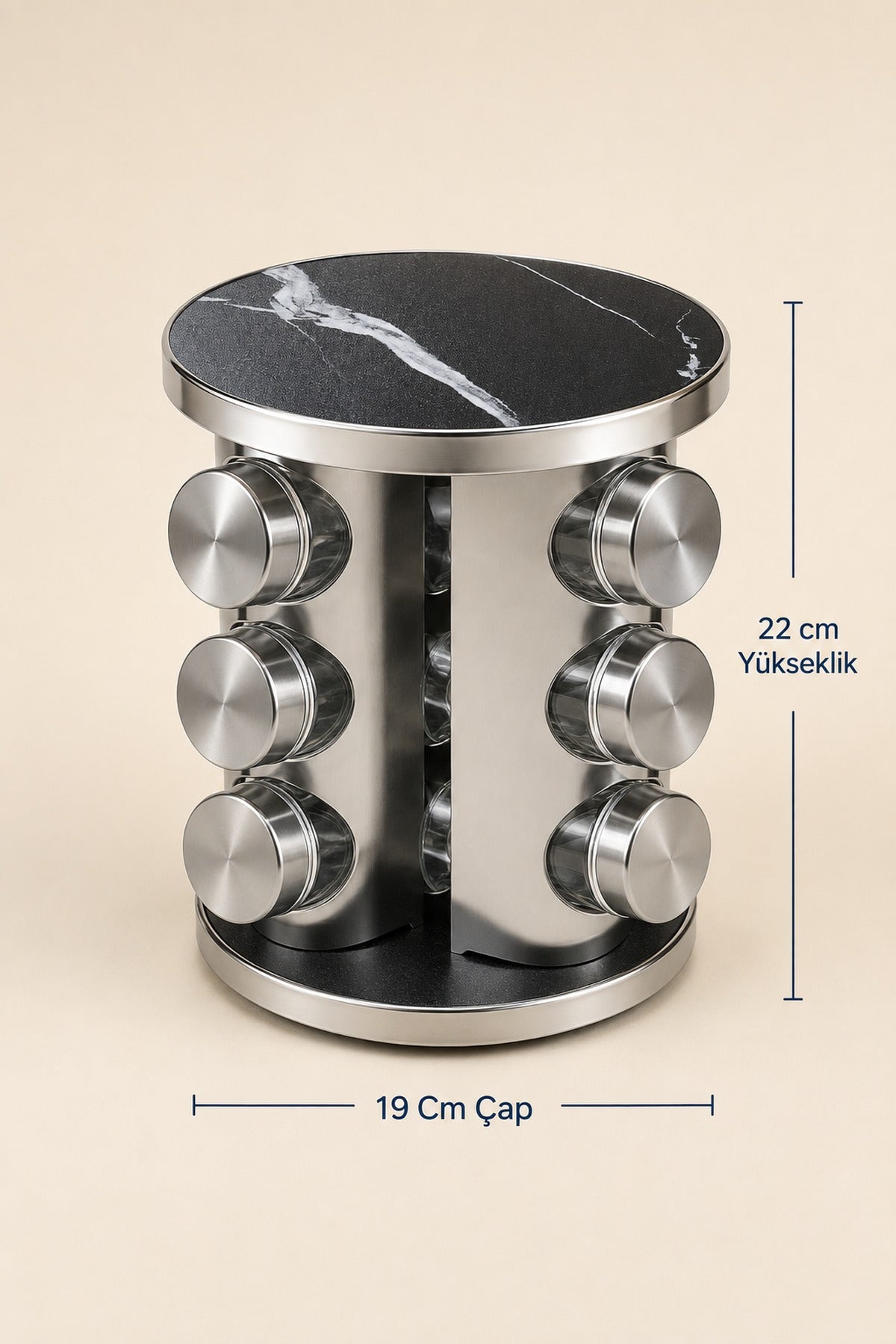 Metal Dönen Standlı 12'li Cam Baharatlık Seti 22 cm Bambu ve Mermer Tablalı Baharat Takımı