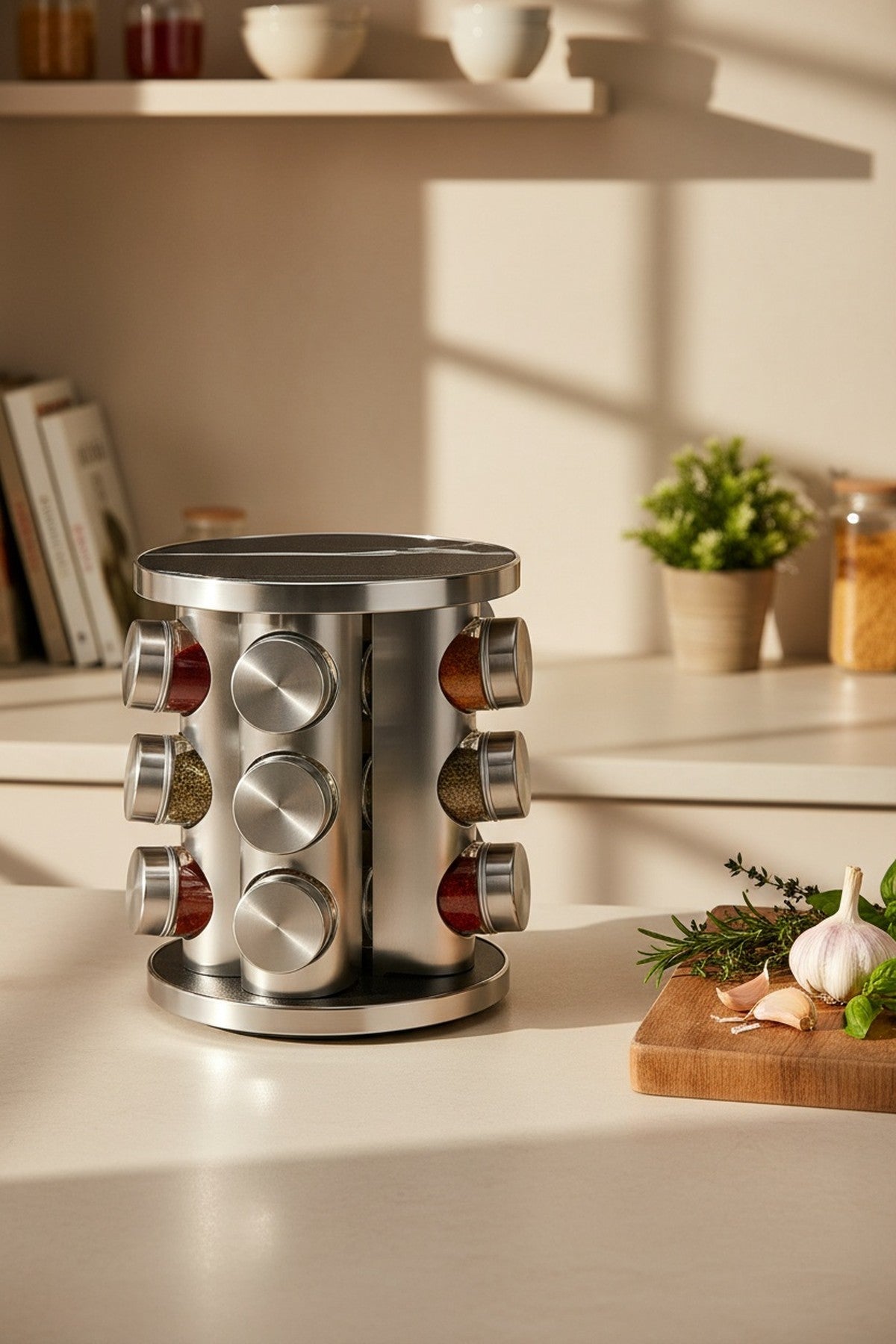 Metal Dönen Standlı 12'li Cam Baharatlık Seti 22 cm Bambu ve Mermer Tablalı Baharat Takımı