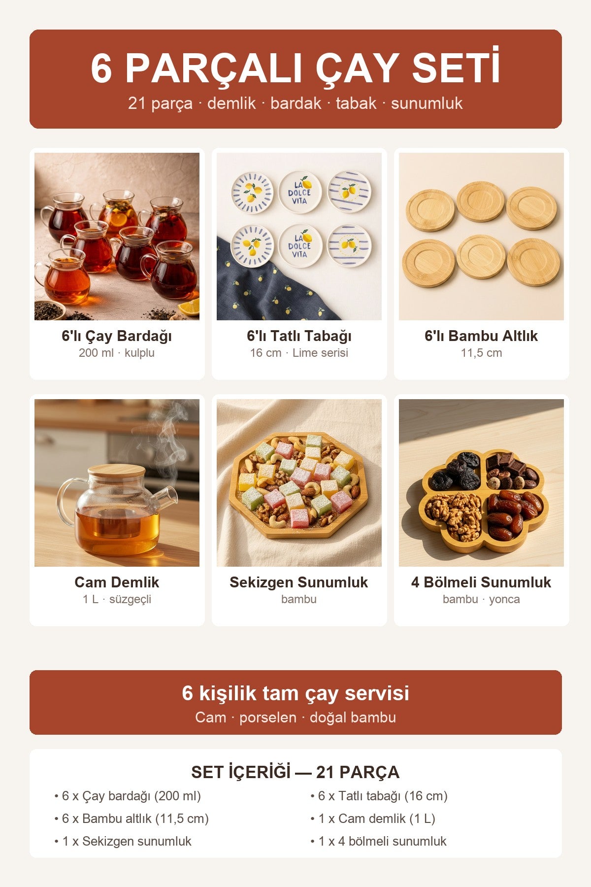 21 Parça 6 Kişilik Çay İkram Seti Cam Demlik Bardak – mutfak kullanımı