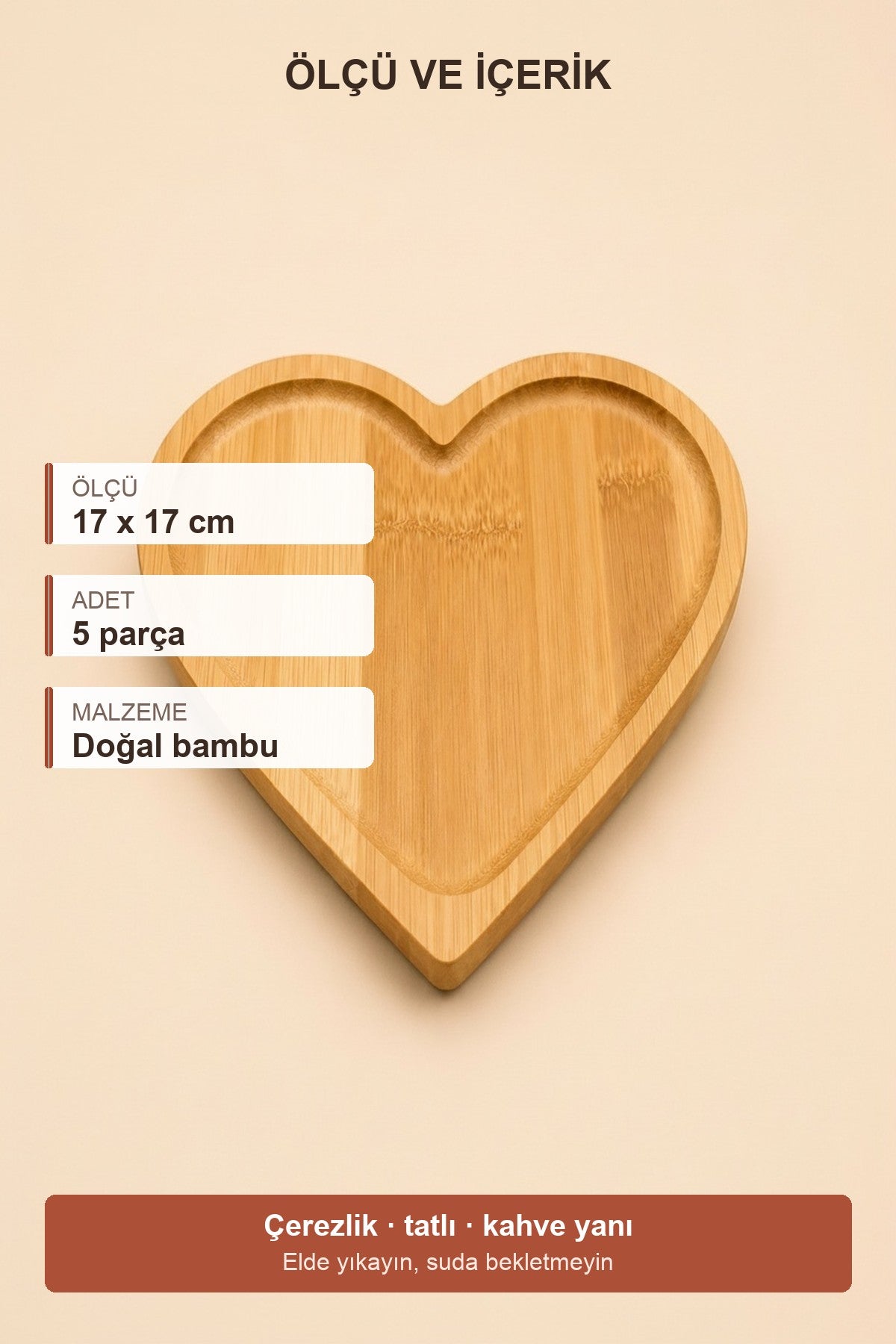 5'li Bambu Kalp Sunumluk Seti 17x17 cm Çerezlik Tatlı – detay görünüm