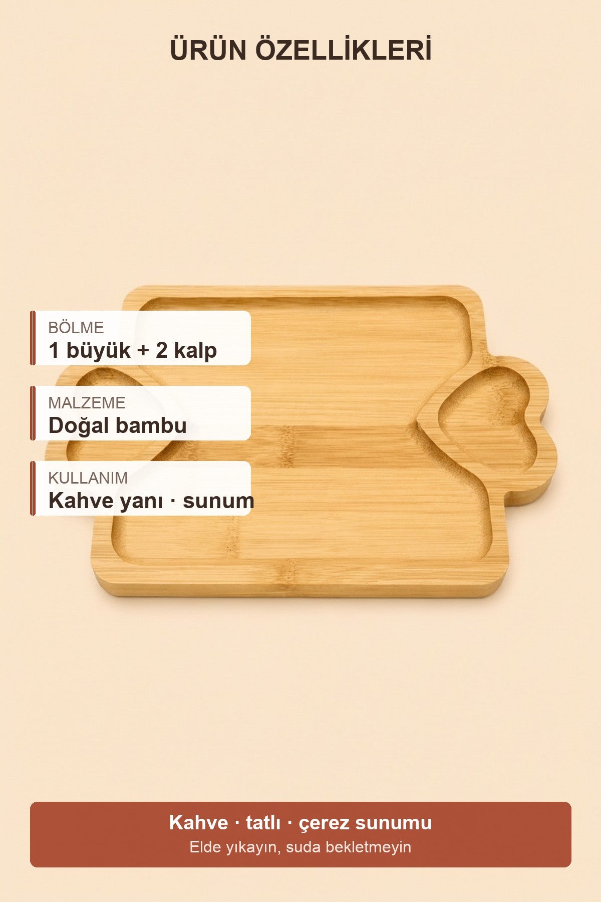 Bambu Kalp Kulplu Sunum Tepsisi 3 Bölmeli Kahve Yanı – mutfak kullanımı