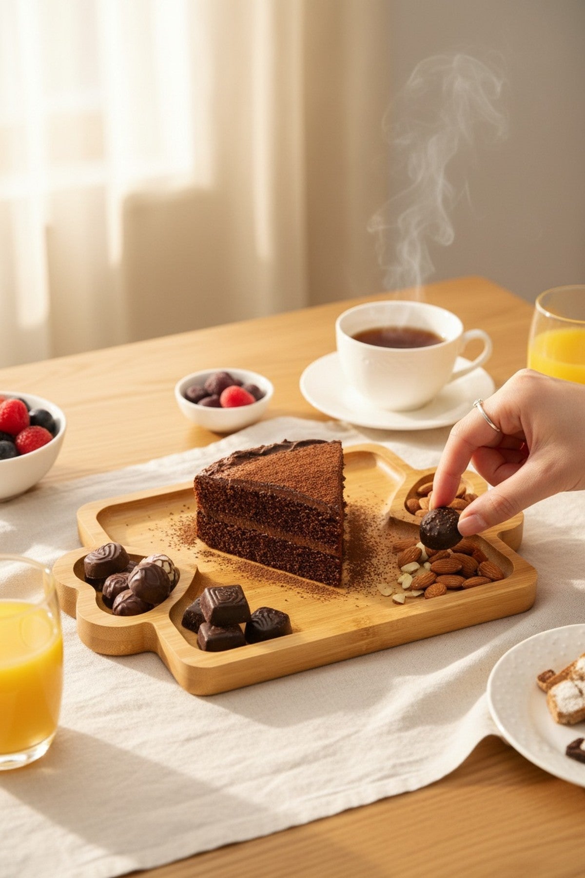 Bambu Kalp Kulplu Sunum Tepsisi 3 Bölmeli Kahve Yanı – kullanım anı
