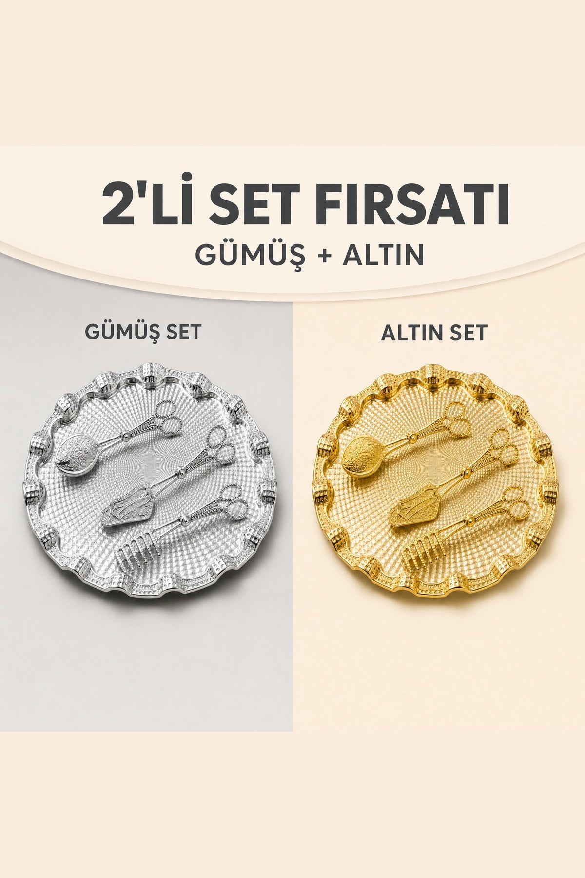 2'li Lüks Sunum Seti Gümüş ve Altın 2 Tepsi 6 İşlemeli – yakın çekim