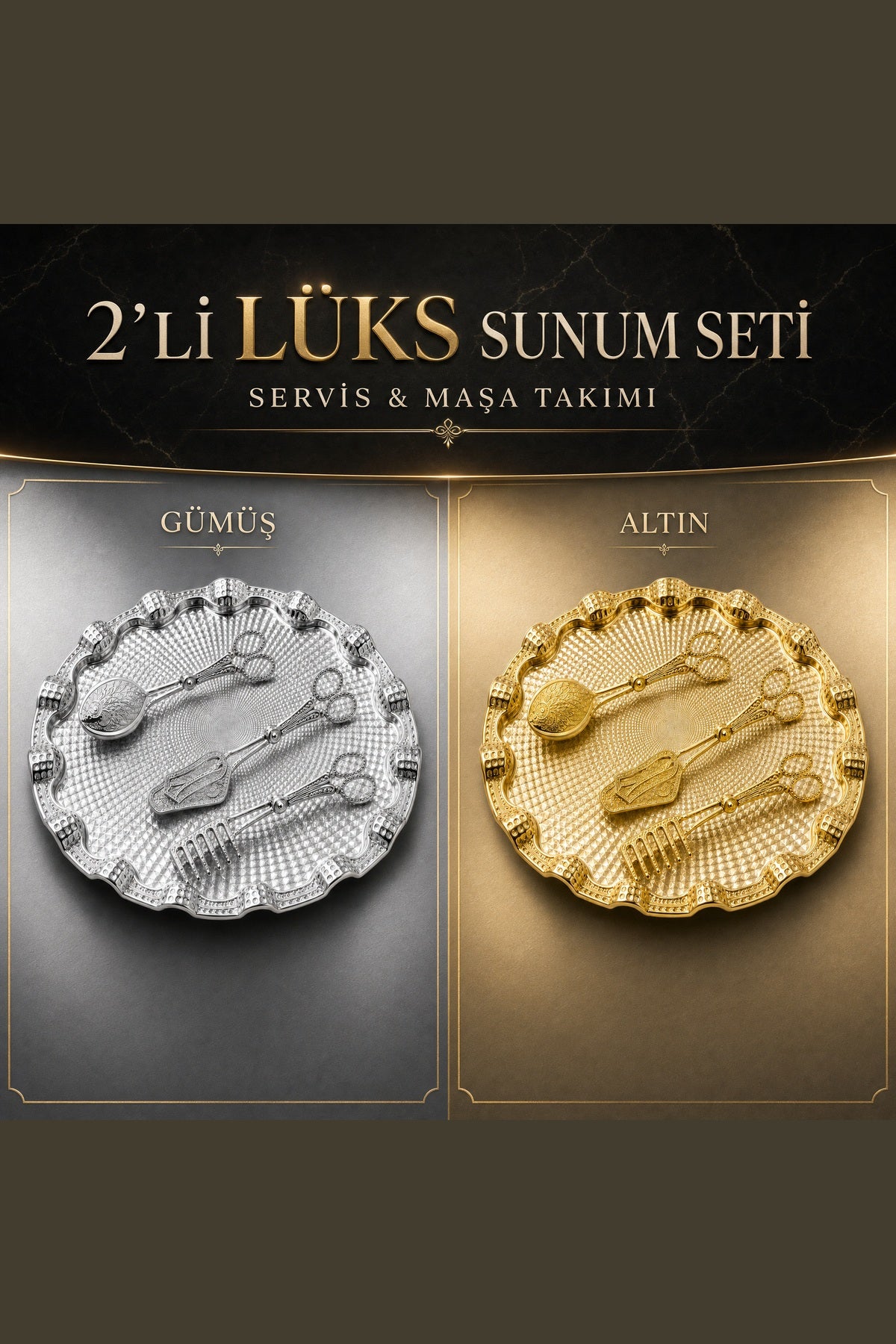 2'li Lüks Sunum Seti Gümüş ve Altın 2 Tepsi 6 İşlemeli – ürün görseli