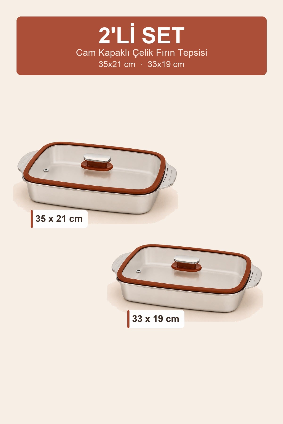 2'li Cam Kapaklı Çelik Fırın Tepsisi Seti 35x21 ve 33x19 cm Kulplu Borcam Fırın Kabı