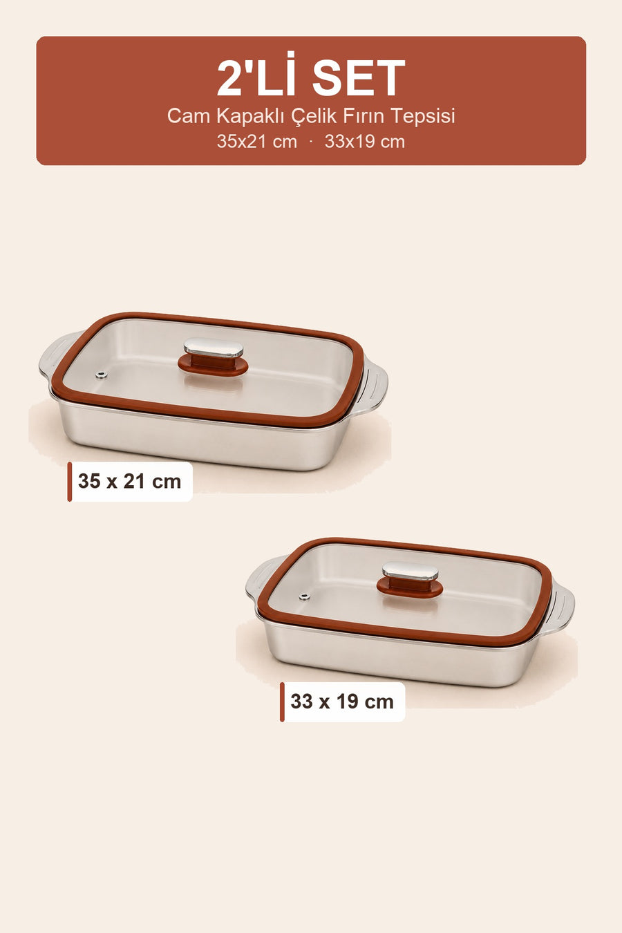 2'li Cam Kapaklı Çelik Fırın Tepsisi Seti 35x21 ve 33x19 cm Kulplu Borcam Fırın Kabı