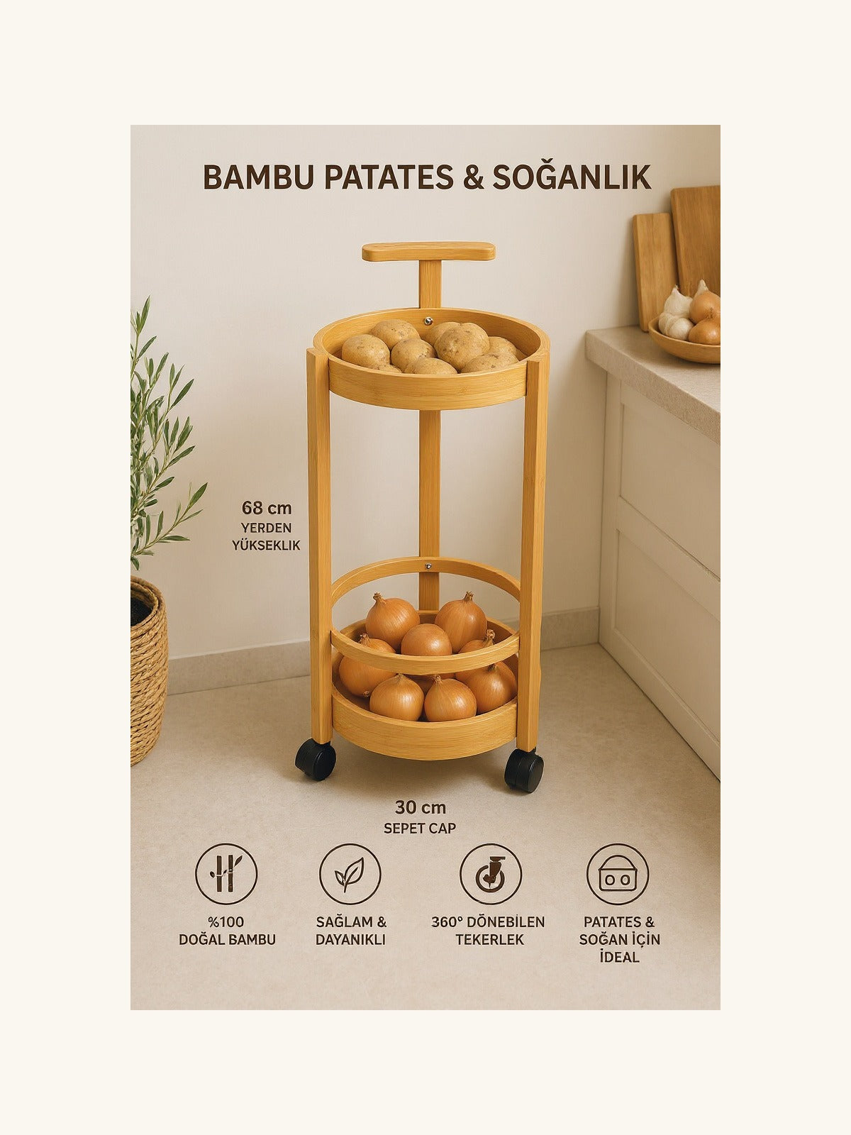 Dekoratif Ahşap 2 Kat Sebze Rafı detay görünümü