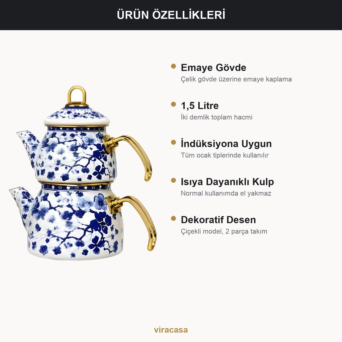 Emaye Çaydanlık Takımı 1,5 L Dama Model Altın Kulplu 2 – yakın çekim