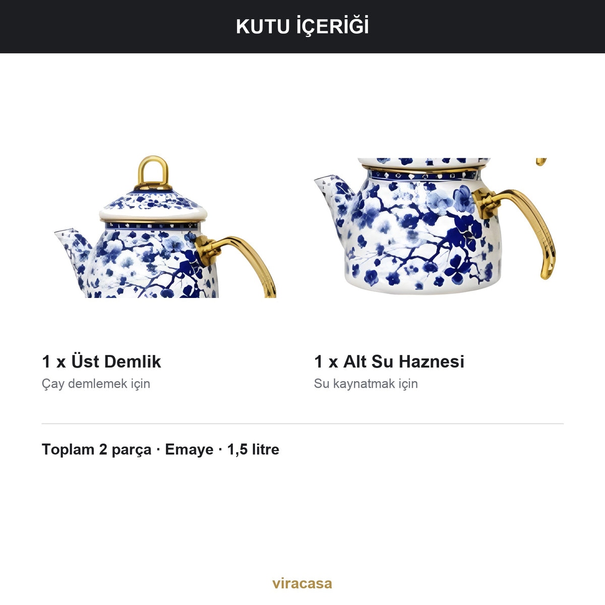 Emaye Çaydanlık Takımı 1,5 L Dama Model Altın Kulplu 2 – yakın çekim