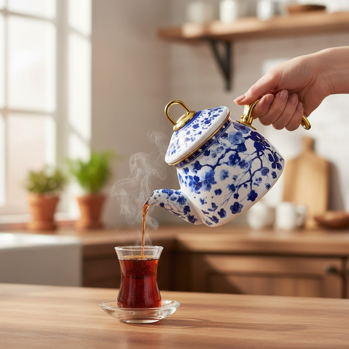 Emaye Çaydanlık Takımı 1,5 L Dama Model Altın Kulplu 2 – yakın çekim