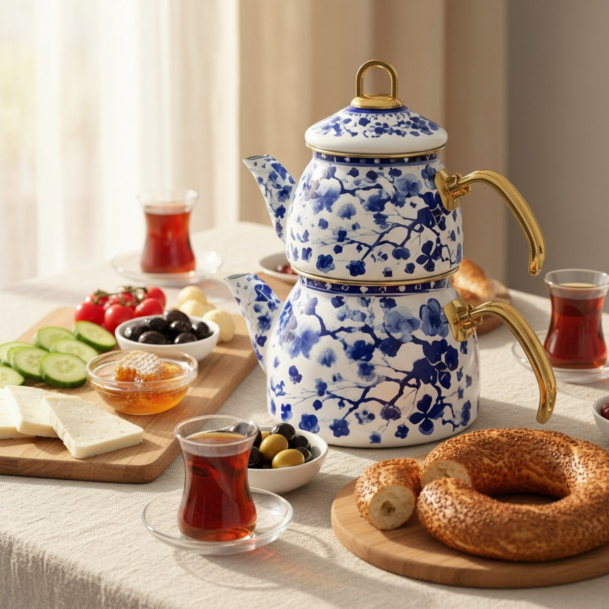 Emaye Çaydanlık Takımı 1,5 L Dama Model Altın Kulplu 2 – yakın çekim