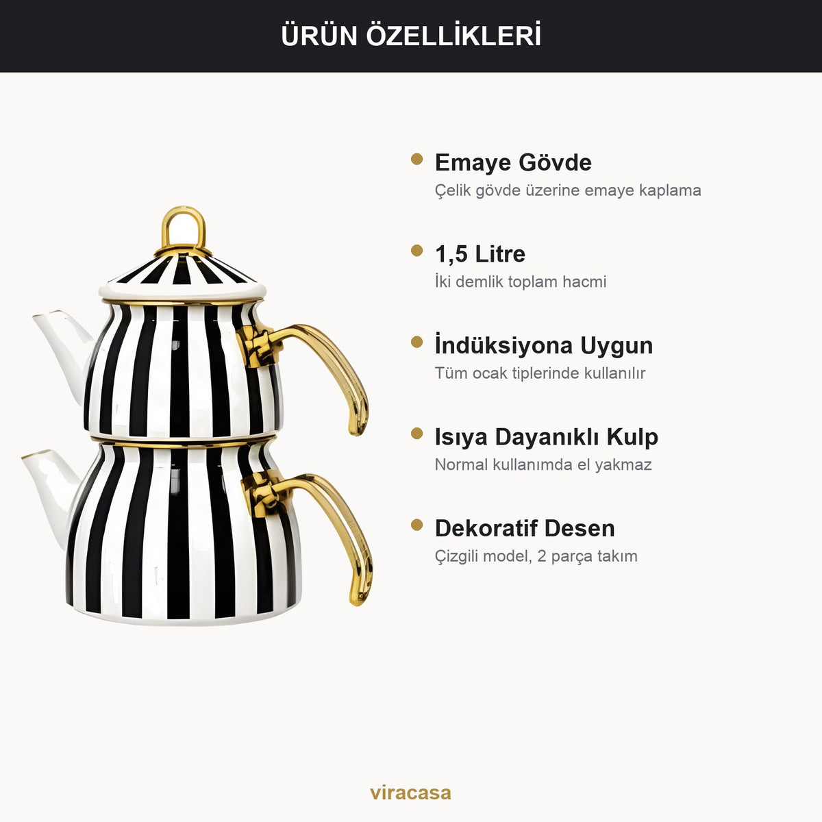 Emaye Çaydanlık Takımı 1,5 L Dama Model Altın Kulplu 2 – yakın çekim