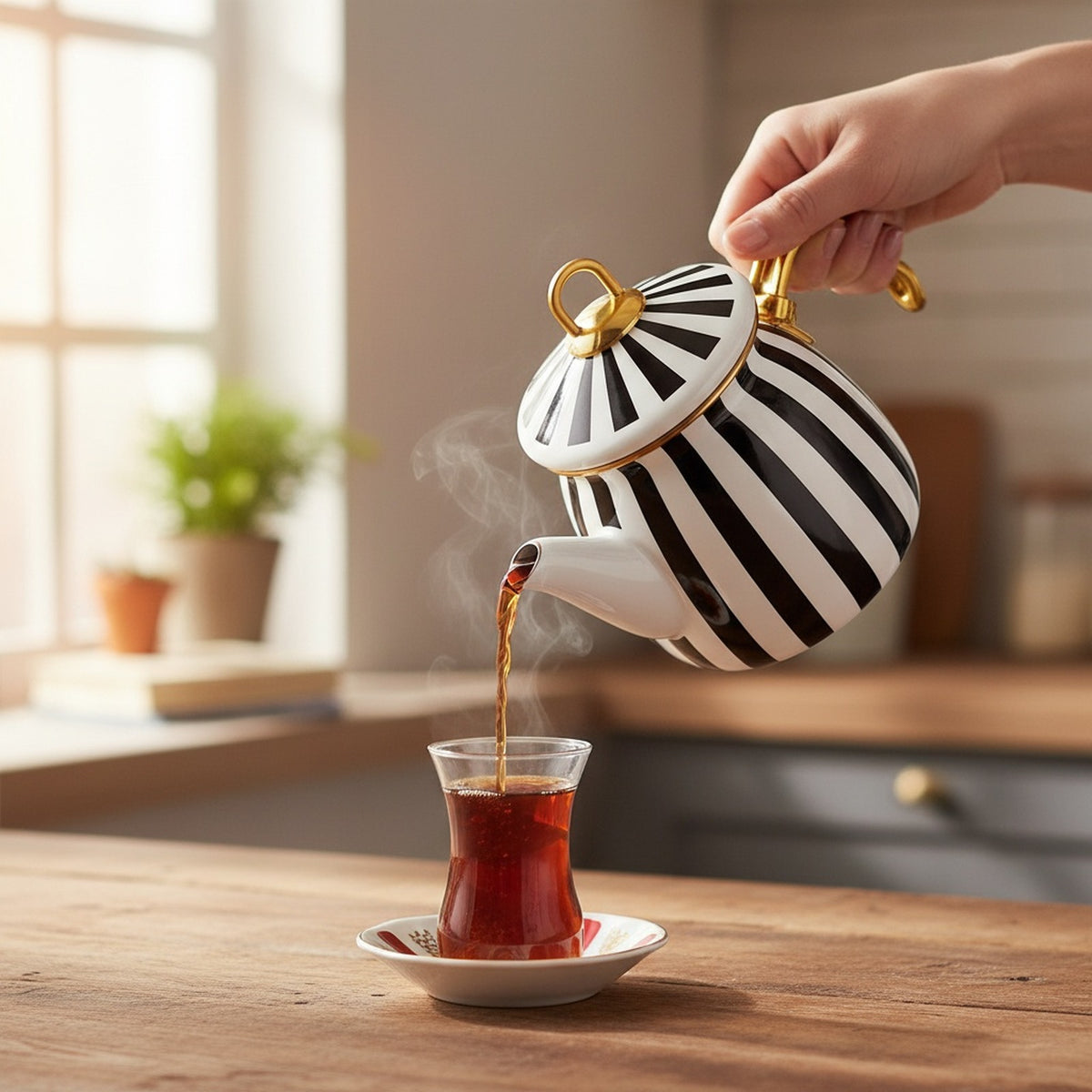 Emaye Çaydanlık Takımı 1,5 L Dama Model Altın Kulplu 2 – yakın çekim