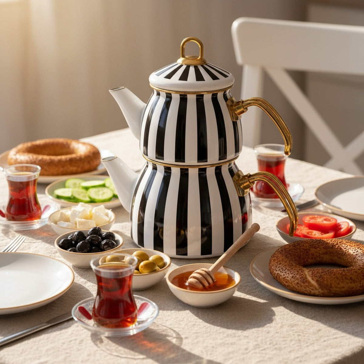 Emaye Çaydanlık Takımı 1,5 L Dama Model Altın Kulplu 2 – yakın çekim