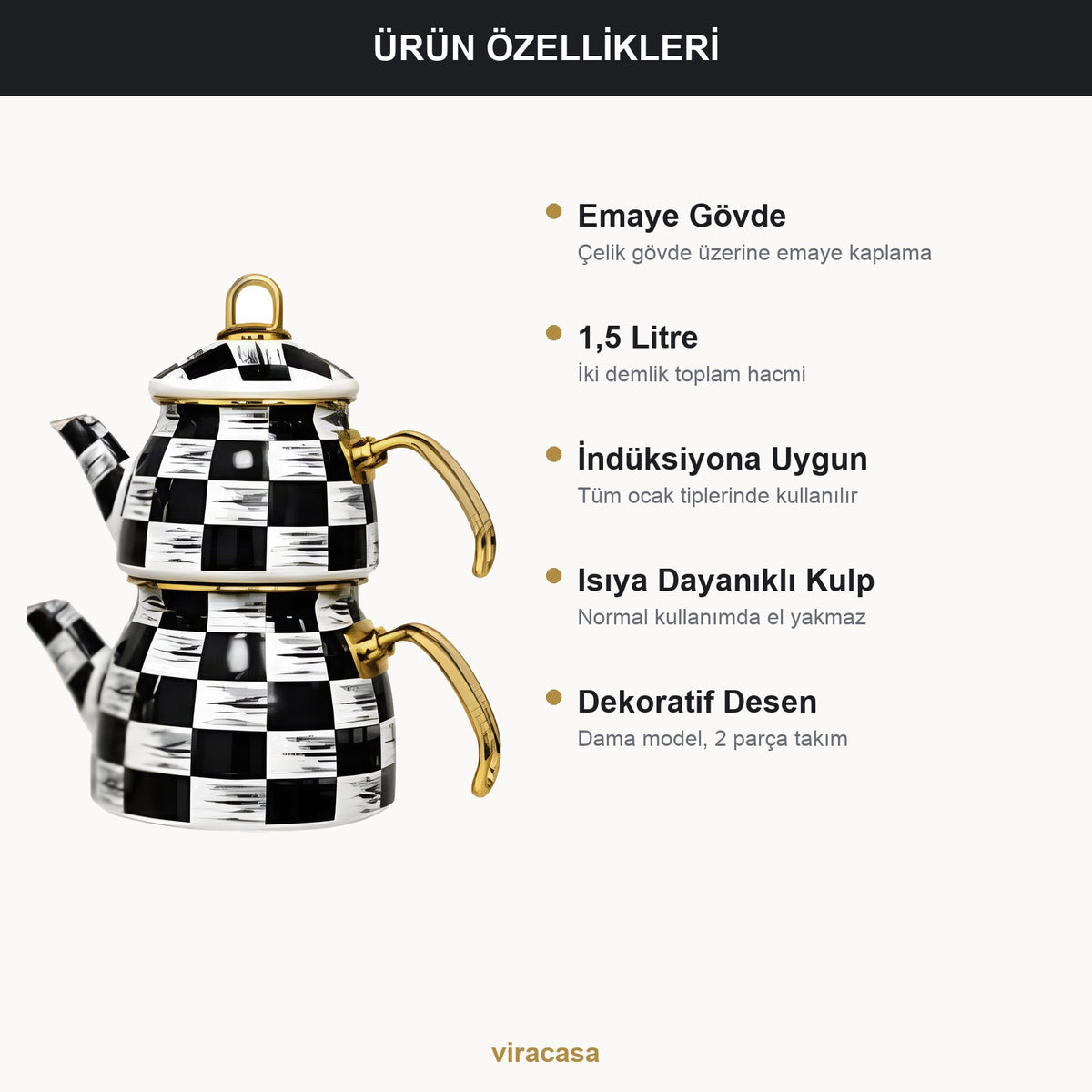 Emaye Çaydanlık Takımı 1,5 L Dama Model Altın Kulplu 2 – mutfak kullanımı