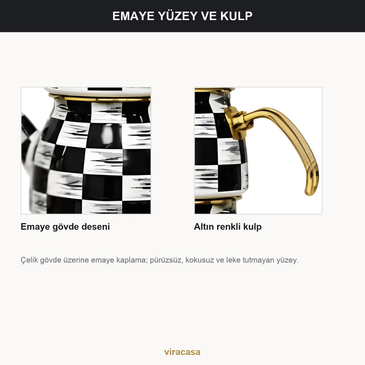 Emaye Çaydanlık Takımı 1,5 L Dama Model Altın Kulplu 2 – yakın çekim