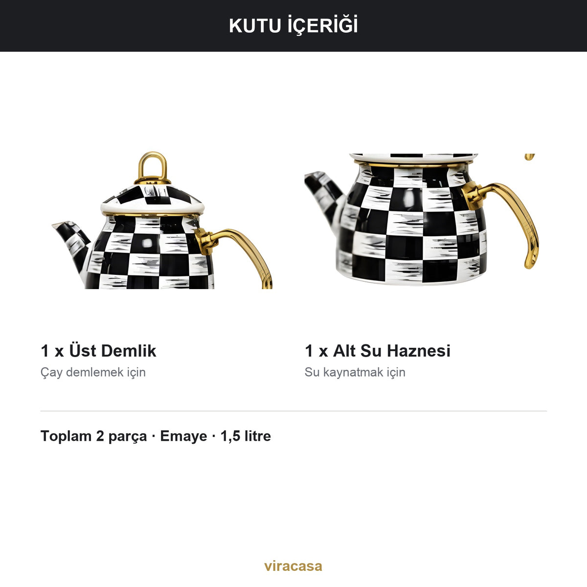 Emaye Çaydanlık Takımı 1,5 L Dama Model Altın Kulplu 2 – yakın çekim