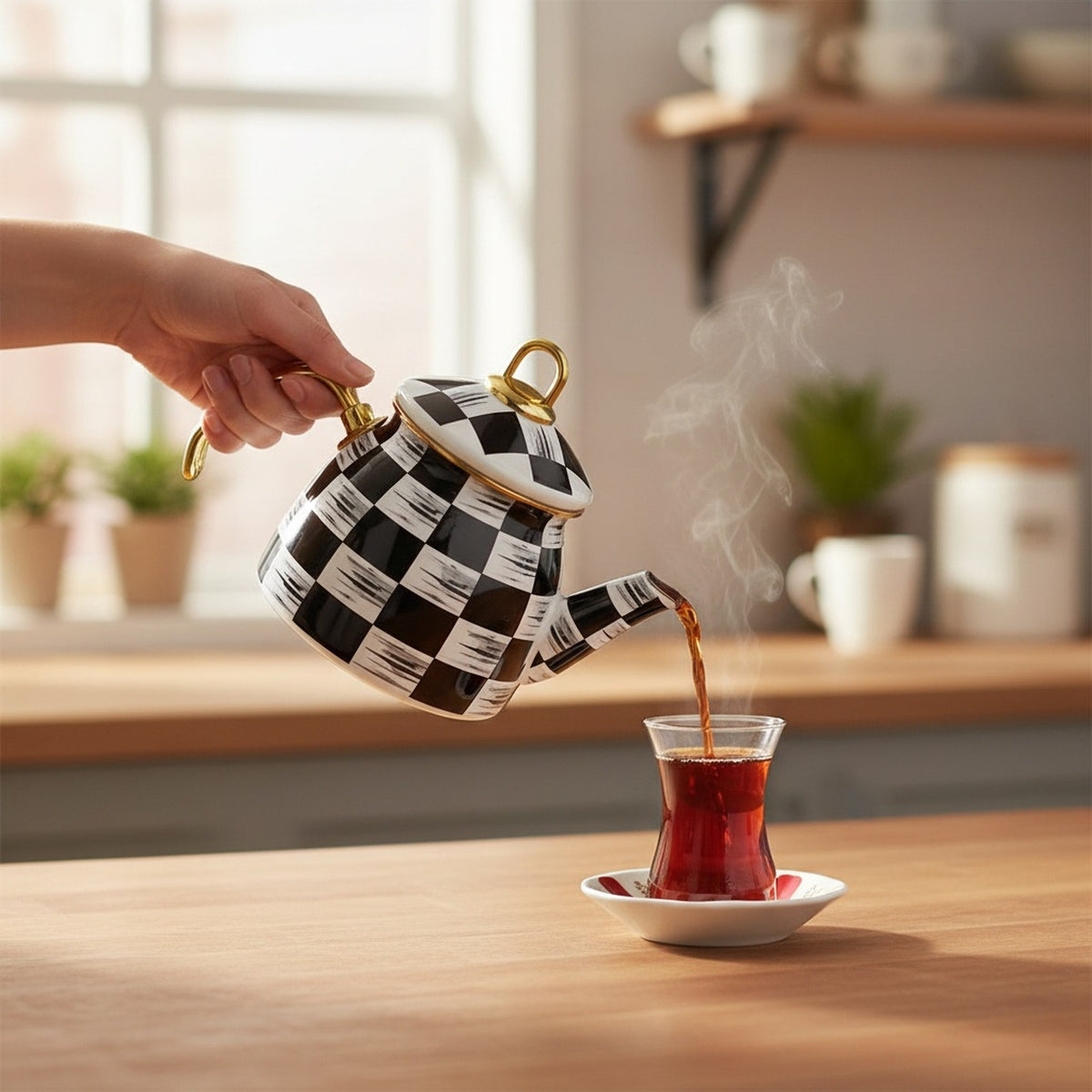 Emaye Çaydanlık Takımı 1,5 L Dama Model Altın Kulplu 2 – detay görünüm