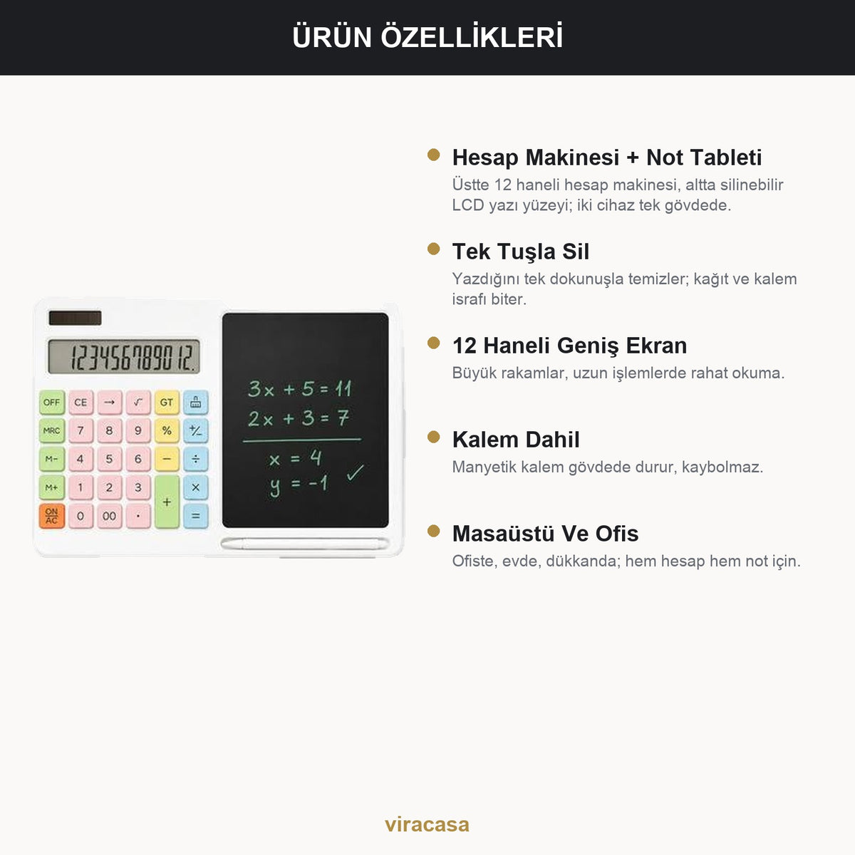 Yazı Tahtalı Hesap Makinesi 12 Haneli Silinebilir LCD Not Tableti Kalemli