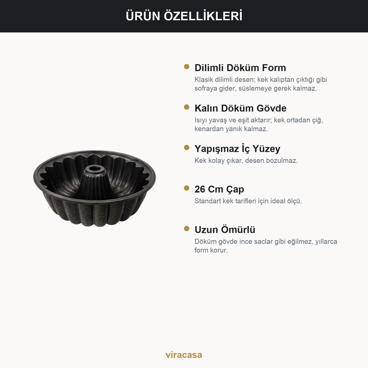 Dilimli Döküm Kek Kalıbı 26 cm Yapışmaz Antrasit Kek ve Tatlı Kalıbı