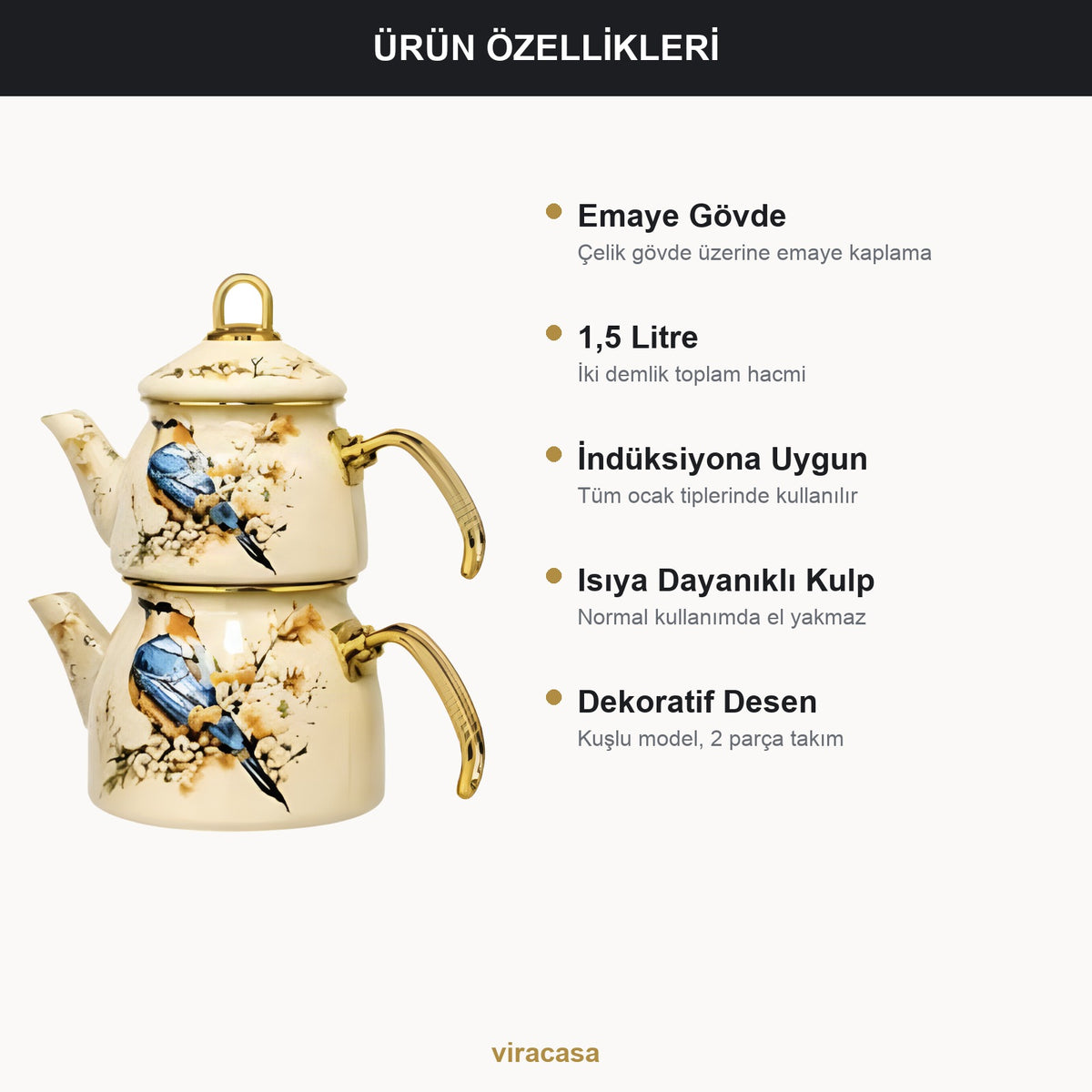 Emaye Çaydanlık Takımı 1,5 L Dama Model Altın Kulplu 2 – yakın çekim
