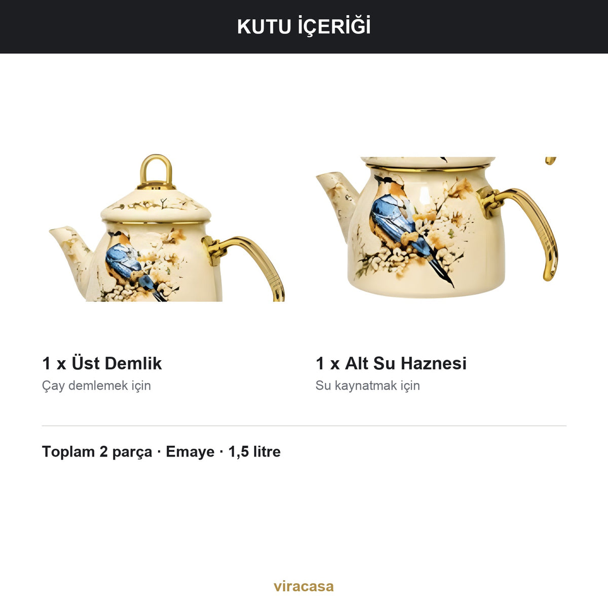 Emaye Çaydanlık Takımı 1,5 L Dama Model Altın Kulplu 2 – yakın çekim