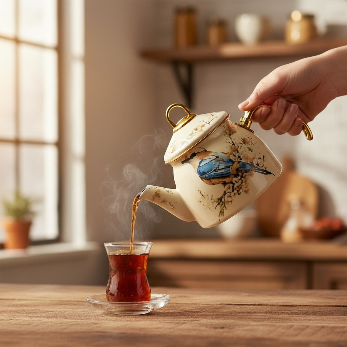 Emaye Çaydanlık Takımı 1,5 L Dama Model Altın Kulplu 2 – yakın çekim