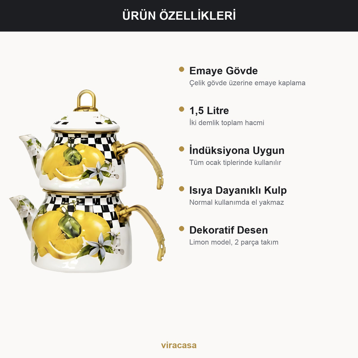 Emaye Çaydanlık Takımı 1,5 L Dama Model Altın Kulplu 2 – yakın çekim