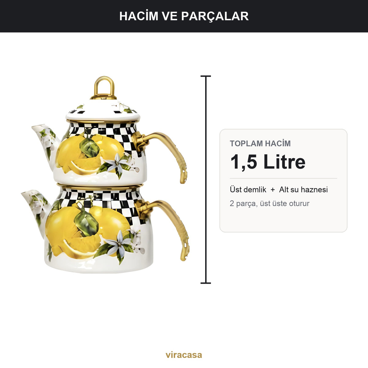 Emaye Çaydanlık Takımı 1,5 L Dama Model Altın Kulplu 2 – yakın çekim