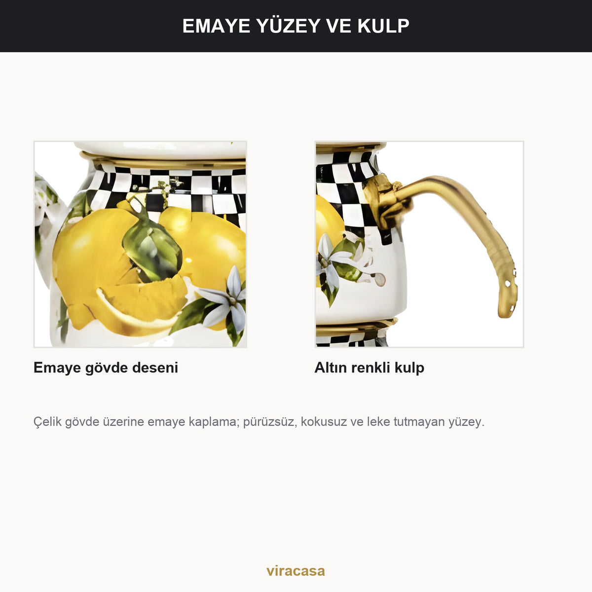 Emaye Çaydanlık Takımı 1,5 L Dama Model Altın Kulplu 2 – yakın çekim